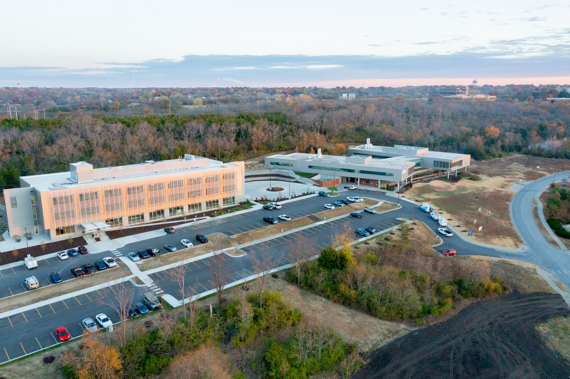 A shot from above of the KU Innovation Center building where students obtain a business internship in Lawrence.