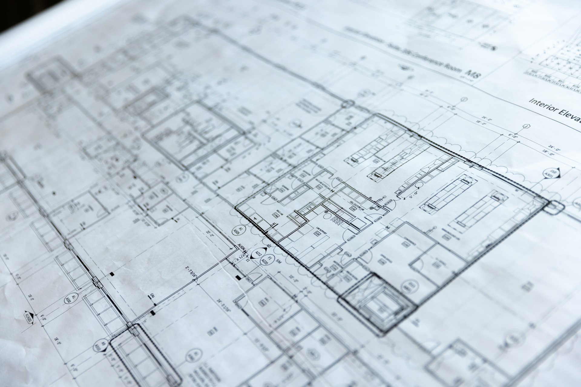 Detailed blueprints of buildings at the KU Innovation Park in Lawrence.